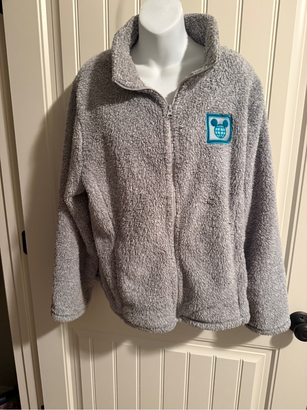Disney Gray Plush Zip-Up Jacket with Teal Patch